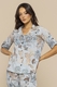 Pijama Feminino Cetim Premium Fosco Estampado Confortável Manga Curta Azul Elegante