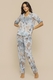 Pijama Feminino Cetim Premium Fosco Estampado Confortável Manga Curta Azul Elegante
