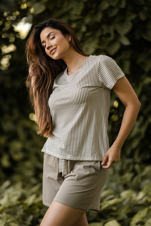 Pijama Feminino Manga Curta e Short Algodão Leve Respirável