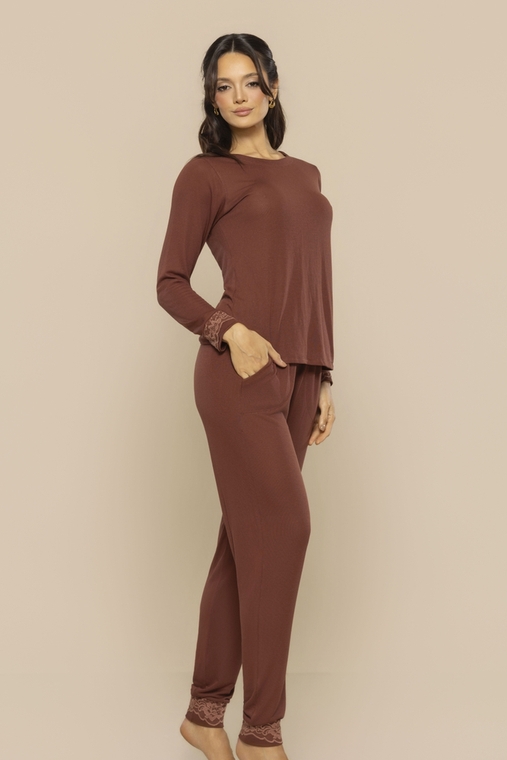Pijama Feminino Modal Calça e Manga Longa Toque Macio Respirável Conforto Premium Leve