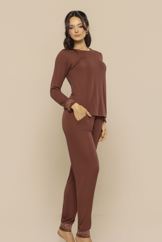 Pijama Feminino Modal Calça e Manga Longa Toque Macio Respirável Conforto Premium Leve