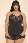 Pijama de alça e short plus renda